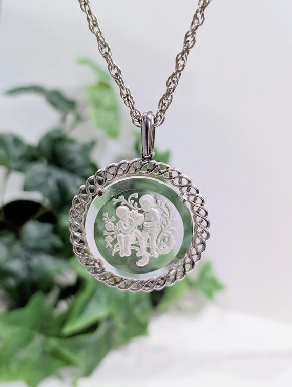 Vintage Silver Intaglio Pendant Necklace - Carved Cherub Children & Flowers Round Crystal