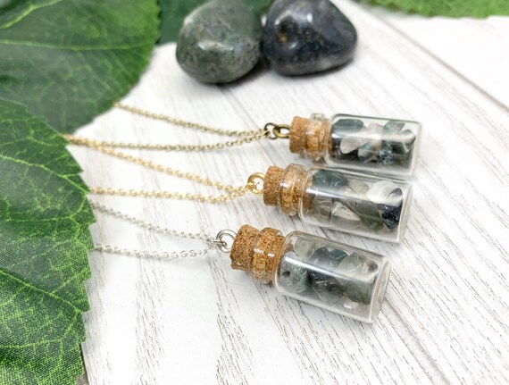 Green Moss Agate Bottle Necklace • Dainty Agate Pendant Necklace • Minimalist Crystal Boho Necklace for Growth, Intuition and Balance