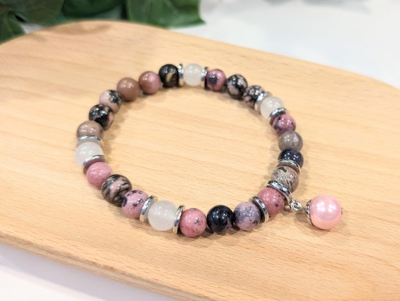 Pink Rhodonite Charm Bracelet • Rhodonite Bracelet for Unconditional Love, Heart Healing and Self-Confidence • Crystal Rhodonite Jewelry