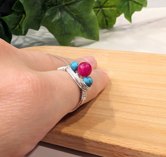 Pink Jade Turquoise Howlite Wire Wrapped Ring - Love Calm Pastel Size 8