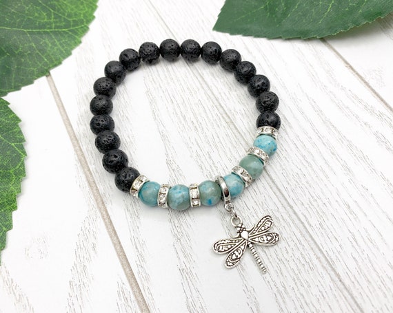 Blue Ripple Jasper Dragonfly Bracelet - Emotional Healing Flow 8mm