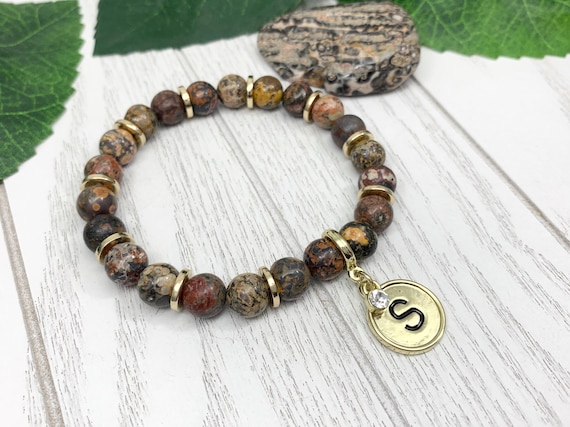 Personalized Leopard Skin Jasper Initial Bracelet — Custom Monogram Jewelry