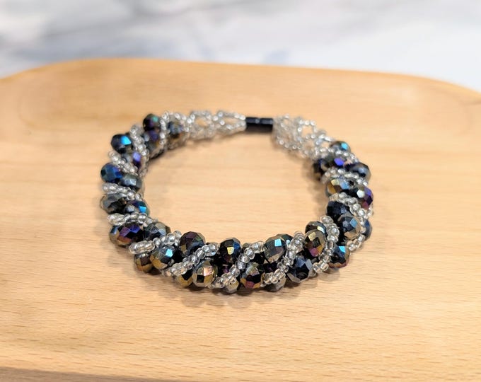 Handmade Rainbow Aura Silver Crystal Beaded Bracelet - Spiral Glass Beads, Seed Beads, Magnetic Clasp