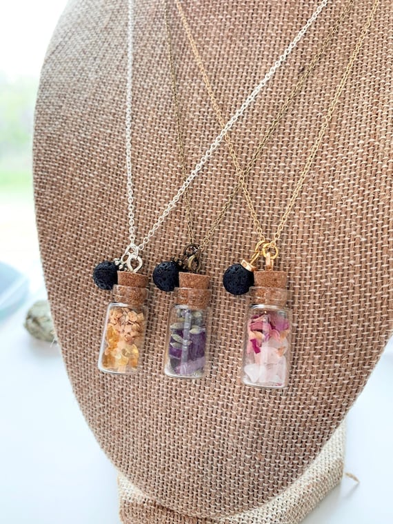 Crystal Herb Bottle Necklace • Essential Oil Diffuser Aromatherapy Pendant Jewelry • Amethyst Citrine and Rose Quartz Crystal Necklace