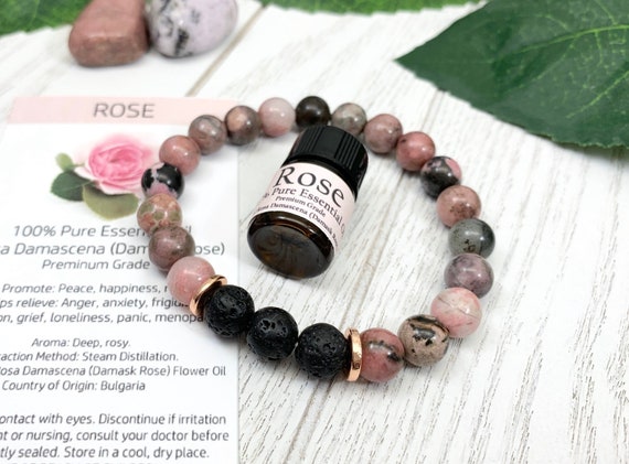 Rhodonite Diffuser Bracelet • Bracelet for Unconditional Love, Heart Healing and Confidence • Aromatherapy Jewelry • 8mm Oil Diffuser
