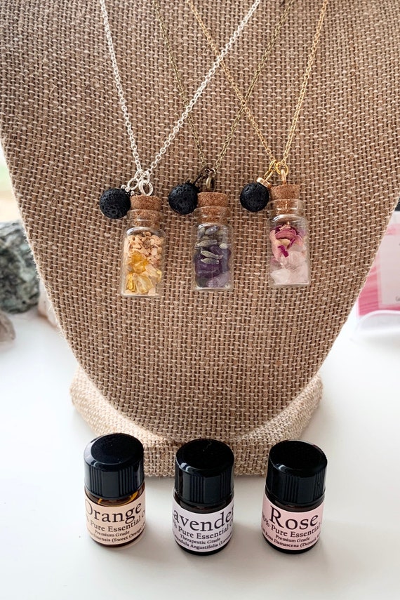 Crystal Herb Bottle Necklace • Essential Oil Diffuser Aromatherapy Pendant Jewelry • Amethyst Citrine and Rose Quartz Crystal Necklace