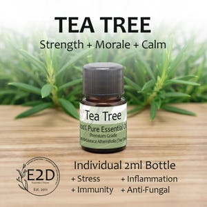 May include: A small 2ml brown glass bottle of Tea Tree 100% pure essential oil with a black cap. The label reads Tea Tree, 100% Pure Essential Oil, Premium Grade, Melaleuca Alternifolia. Text includes Strength, Morale, Calm, Stress, Immunity, Inflammation, Anti-Fungal.