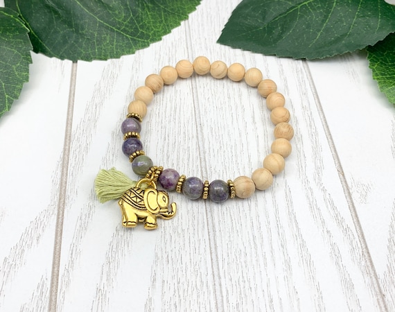 Atlantisite Elephant Charm Bracelet • Purple and Green Protection Bracelet • Serpentine and Stichtite Jewelry