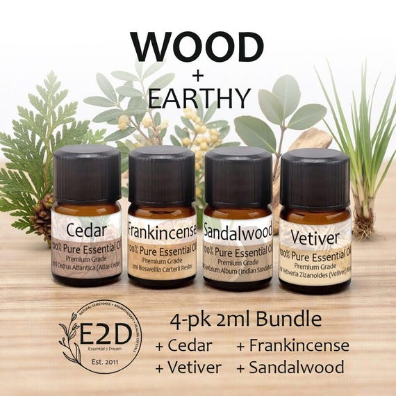 Wood + Earthy Essential Oil Bundle – Set of 4 2ml Bottles for Aromatherapy or Diffuser