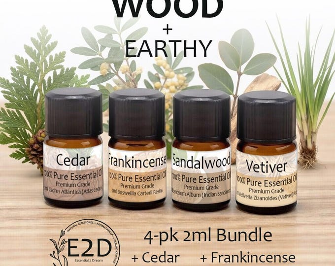 Wood + Earthy Essential Oil Bundle – Set of 4 2ml Bottles for Aromatherapy or Diffuser