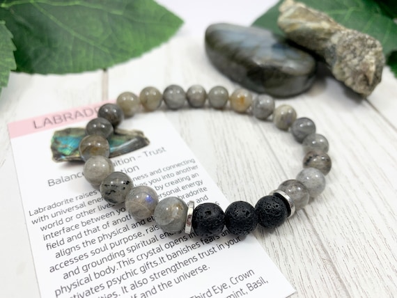 Gray Labradorite Oil Diffuser Bracelet, Lava Stone Diffuser, Aromatherapy Jewelry (8mm)