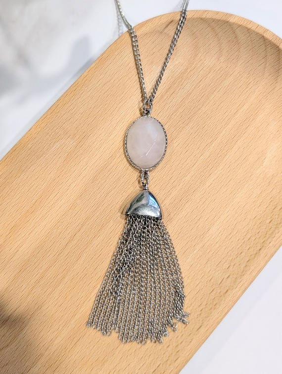 Rose Quartz Silver Tassel Necklace