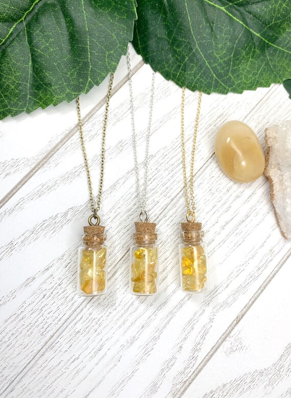 Citrine Bottle Necklace — Dainty Crystal Vial Pendant Jewelry