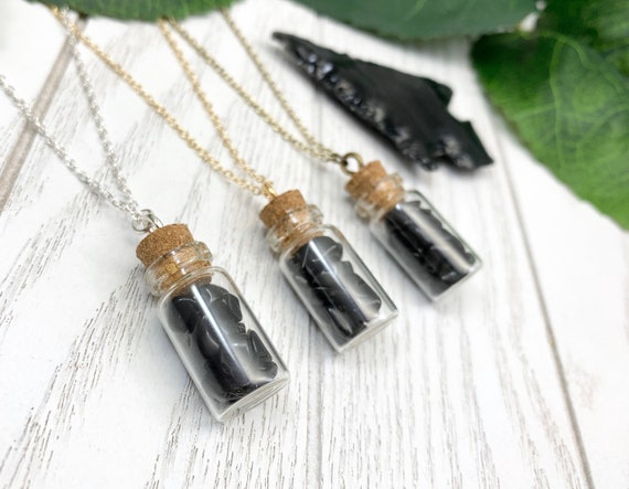 Dainty Black Obsidian Bottle Necklace - Protection Vial Pendant 18in