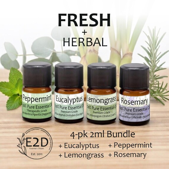 Fresh + Herbal Essential Oil Bundle – Set of 4 2ml Bottles for Aromatherapy or Diffuser