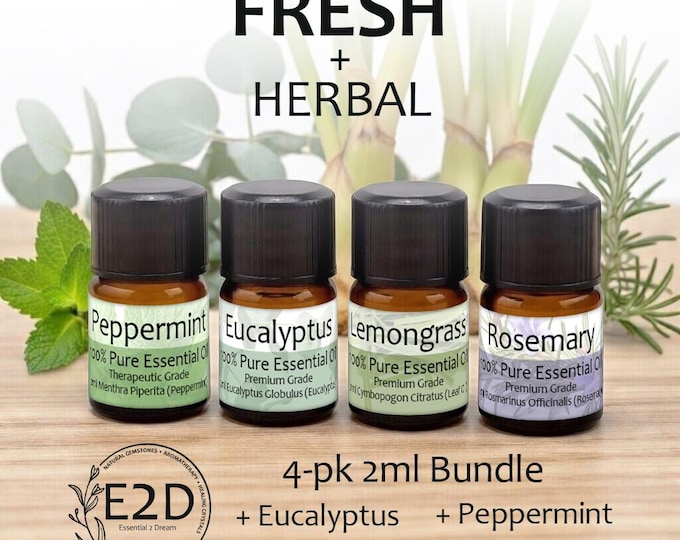 Fresh + Herbal Essential Oil Bundle – Set of 4 2ml Bottles for Aromatherapy or Diffuser
