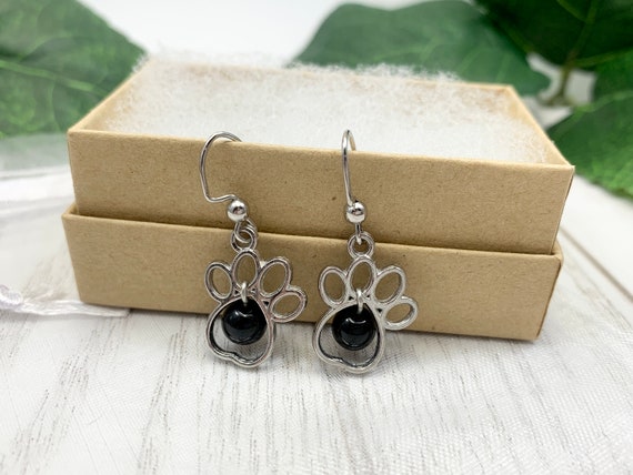 Black Obsidian Paw Print Earrings — Dog Lover Gemstone Jewelry