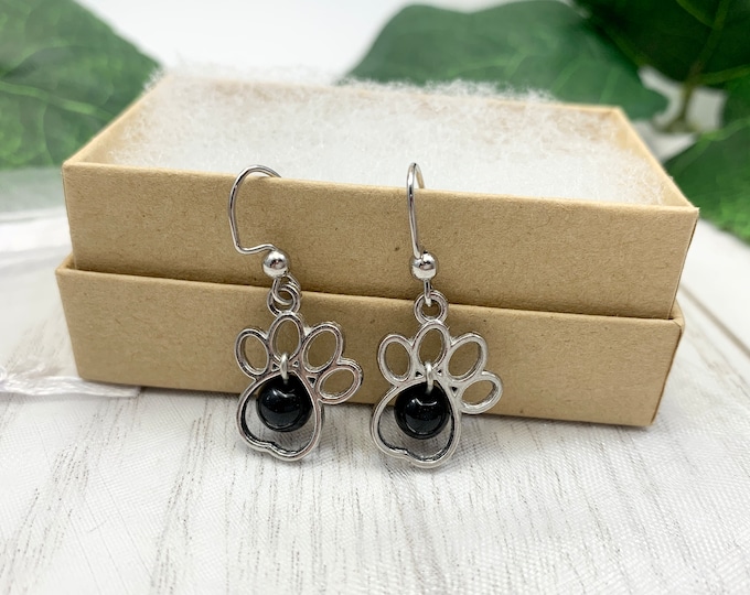 Black Obsidian Paw Print Earrings — Dog Lover Gemstone Jewelry