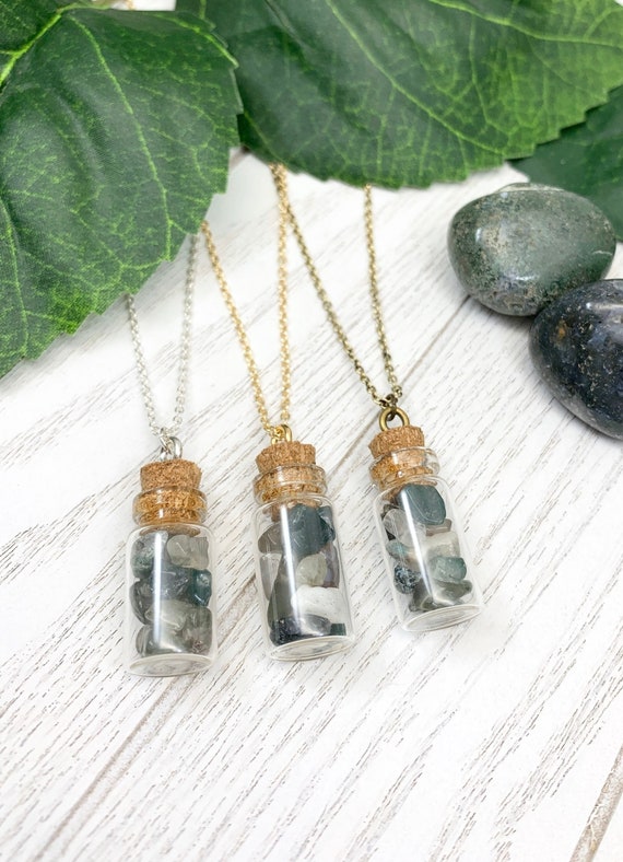Green Moss Agate Bottle Necklace • Dainty Agate Pendant Necklace • Minimalist Crystal Boho Necklace for Growth, Intuition and Balance