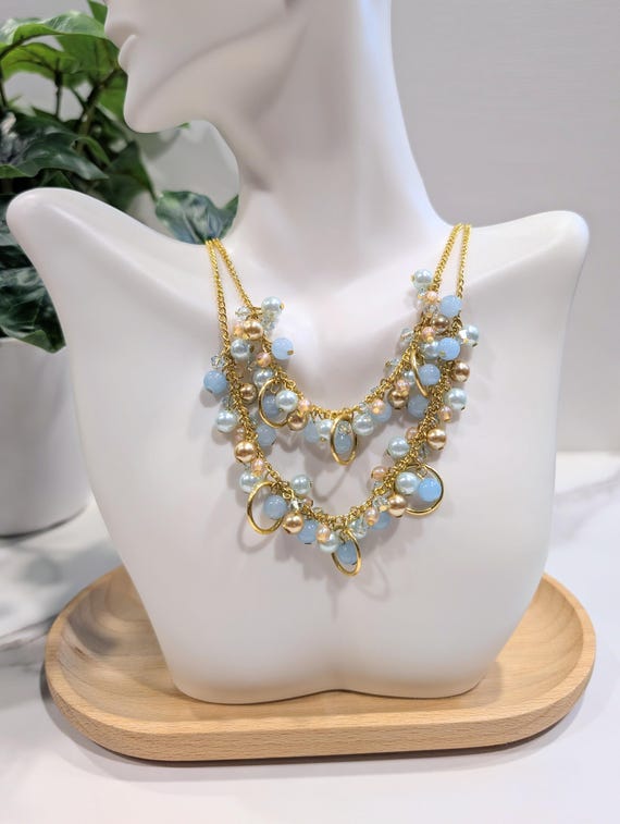 Sky Blue Quartz and Swarovski Crystal Necklace •  Light Blue and Gold Necklace • Pearl Crystal Jewelry • Gold Formal Quartz Necklace