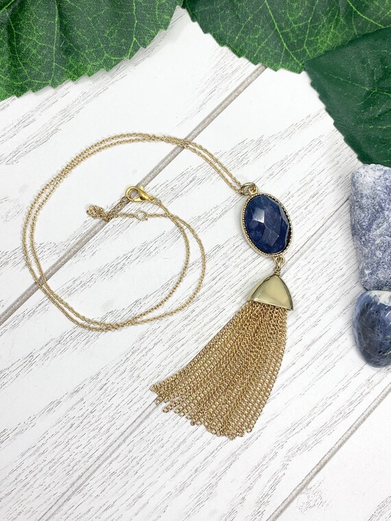 Blue Sodalite Necklace with Gold Chain Tassel • Sodalite Pendant Necklace • Necklace for Communication and Anxiety • Sodalite Jewelry