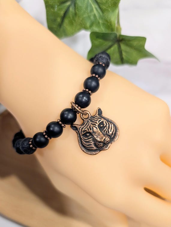 Lava Rock & Onyx Tiger Bracelet • Black Beaded Healing Energy Jewelry • Gift for Him or Her