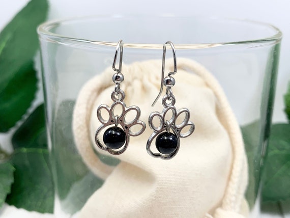 Black Obsidian Paw Print Earrings — Dog Lover Gemstone Jewelry
