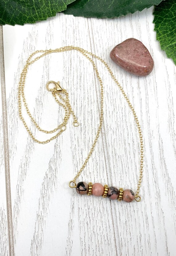 Dainty Gemstone Bar Necklace • Rhodonite Necklace • Beaded Bar Necklace • Dainty Gemstone Choker • Dainty Gemstone Jewelry • Boho Jewelry
