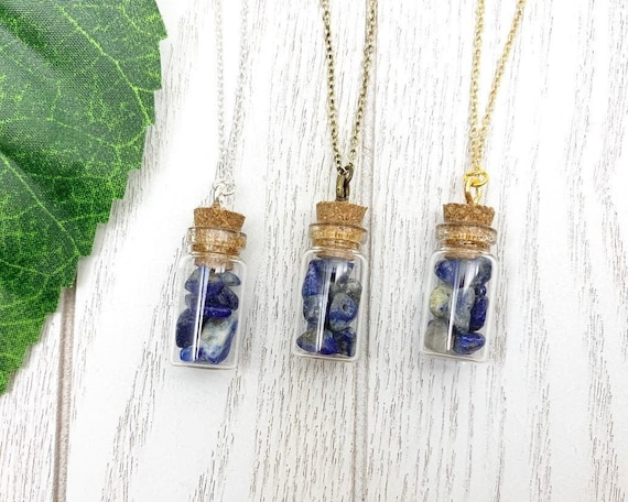 Blue Lapis Lazuli Bottle Necklace • Dainty Lapis Pendant Necklace • Minimalist Crystal Jewelry • Necklace for Wisdom and Integrity