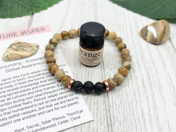 Picture Jasper Oil Diffuser Bracelet, Lava Stone Diffuser, Brown Aromatherapy Jewelry (6mm)