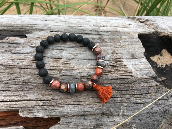 Leopardskin Jasper and Labradorite Beaded Bracelet • Grounding Bracelet for Strength, Courage and Confidence • Boho Lava Stone Jewelry