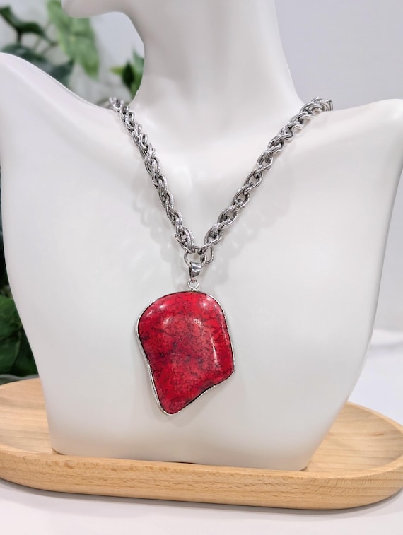 Large Red Stone Pendant Necklace - Vintage Silver Chunky Statement Jewelry