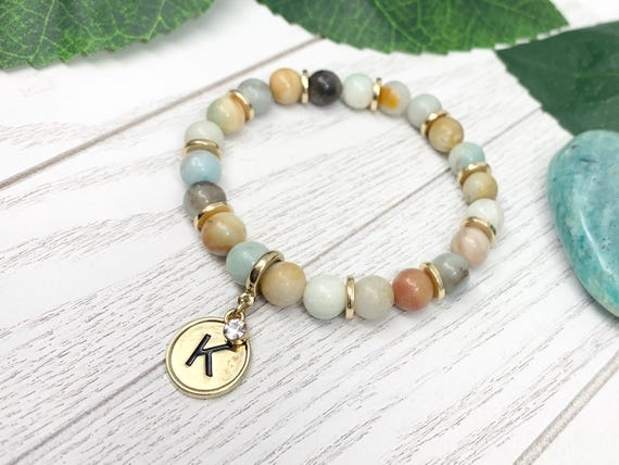 Personalized Amazonite Initial Bracelet — Custom Monogram Jewelry