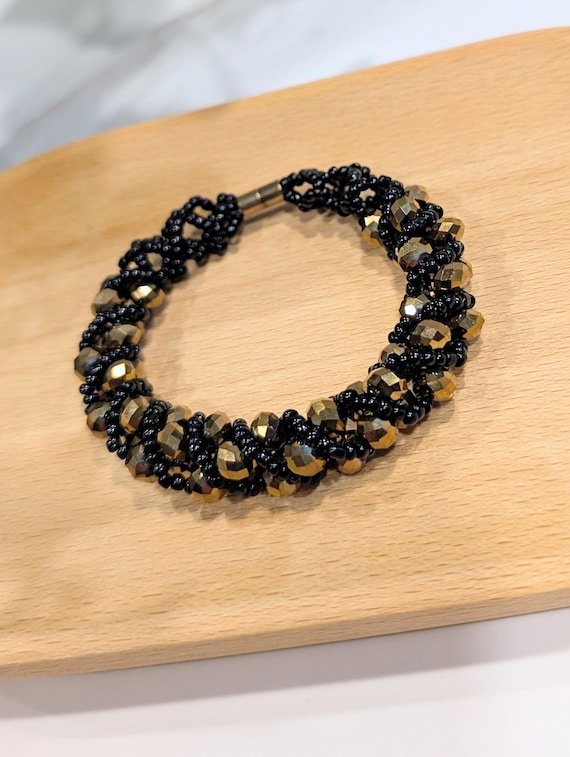 Black & Gold Russian Spiral Bracelet — Magnetic Crystal Seed Bead Jewelry
