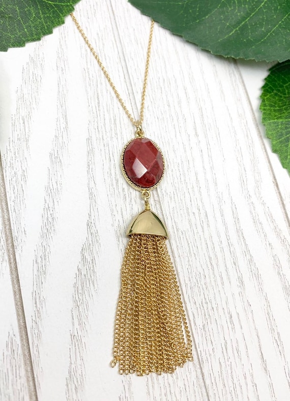 Red Jasper Necklace with Gold Chain Tassel • Jasper Pendant Necklace • Grounding Necklace for Protection and Anxiety • Jasper Jewelry