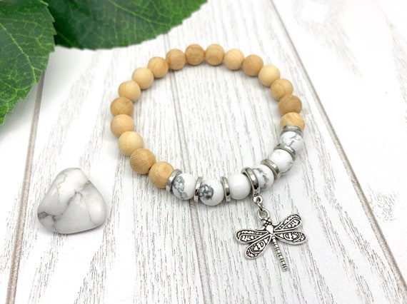 White Howlite Dragonfly Bracelet • Uplifting Grief and Loss Bracelet • Calming Miscarriage Bracelet for Patience and Peace • Howlite Jewelry