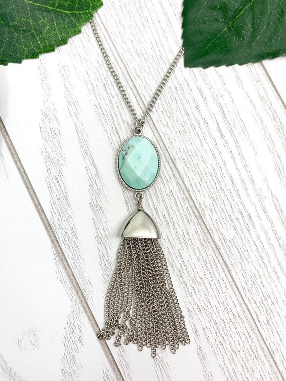 Green Sesame Jasper Necklace with Silver Chain Tassel • Kiwi Jasper Pendant Necklace • Calming Necklace for Positivity and Stress Relief