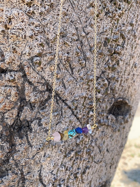 Dainty Rainbow Crystal Chip Necklace - Gemstone Pendant Necklace