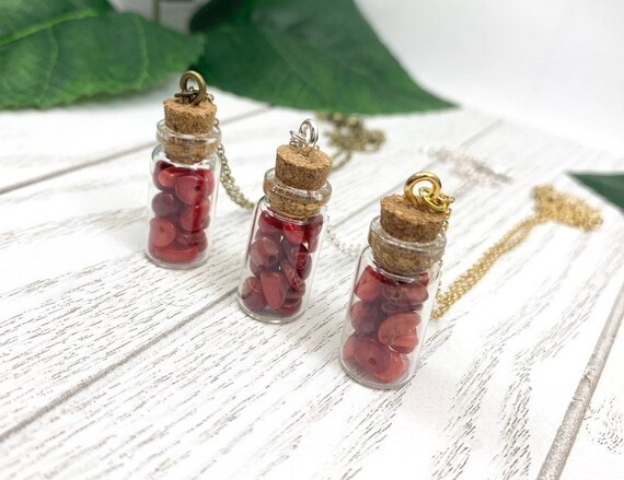 Red Bamboo Coral Bottle Necklace • Dainty Coral Pendant Necklace • Minimalist Crystal Boho Jewelry • Necklace for Peace and Stress Relief