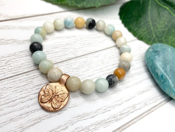 Flower Amazonite Rose Gold Butterfly Dream Bracelet • Butterfly Charm Bracelet • Handmade Amazonite Jewelry