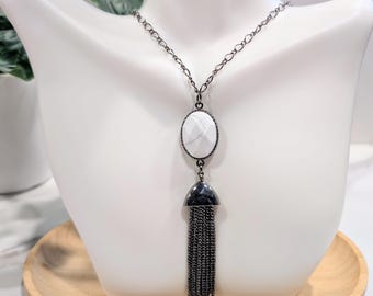 Long White Howlite Tassel Necklace, Gunmetal Boho Goth Gemstone Jewelry