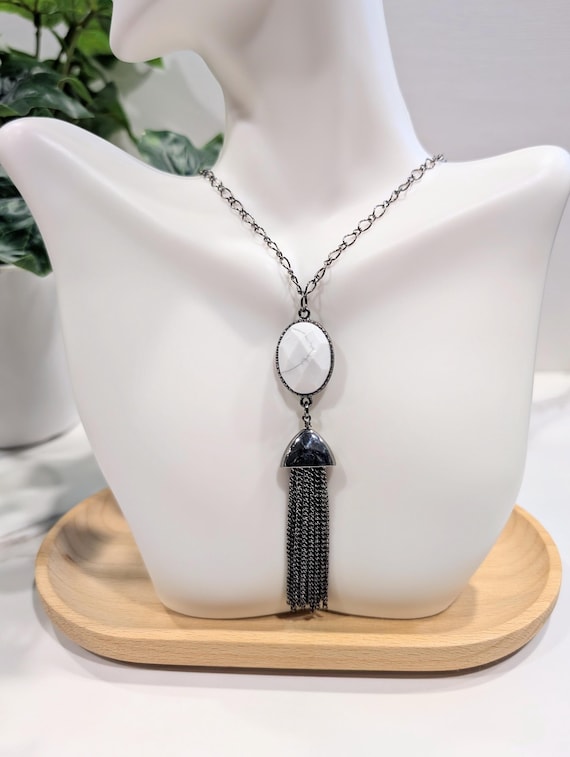 Long White Howlite Necklace with Gunmetal Chain Tassel • Howlite Pendant Necklace for Tranquility, Peace and Clarity • Howlite Jewelry