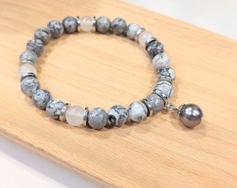 Custom Charm Bracelet, Silver Gemstone Jewelry, Crazy Lace Agate and Clear Quartz, Pearl or Crystal