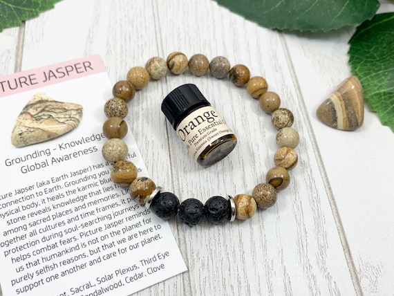 Picture Jasper Oil Diffuser Bracelet, Lava Stone Diffuser, Brown Aromatherapy Jewelry (8mm)