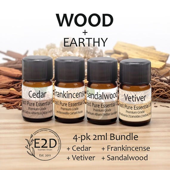 Wood + Earthy Essential Oil Bundle – Set of 4 2ml Bottles for Aromatherapy or Diffuser