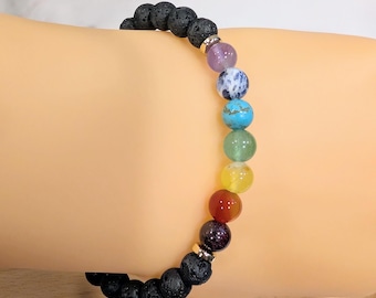Rainbow Gemstone Lava Stone Oil Diffuser Bracelet, Amethyst & Jasper