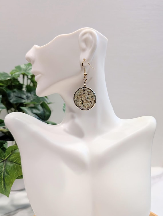 Gold Shell in Resin Coin Earrings • Natural Seashell Earrings • Beach Jewelry • Gold Fishhook Earrings