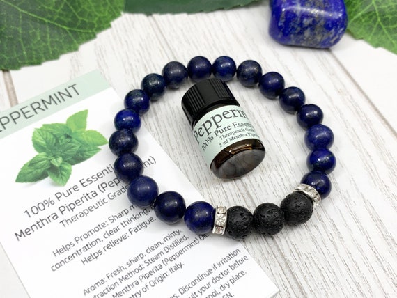 Blue Lapis Lazuli Oil Diffuser Bracelet, Lava Stone Diffuser, Aromatherapy Jewelry (8mm)