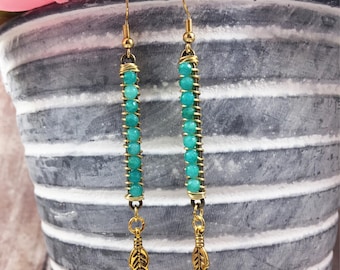 Teal Green Agate Wire Wrapped Feather Earrings, Handmade Gemstone Dangle