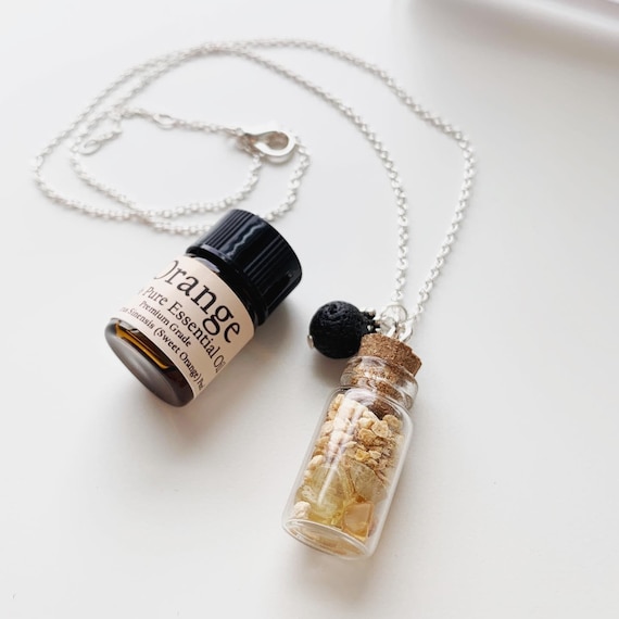 Citrine and Orange Herb Bottle Necklace • Aromatherapy Essential Oil Pendant • Crystal Necklace